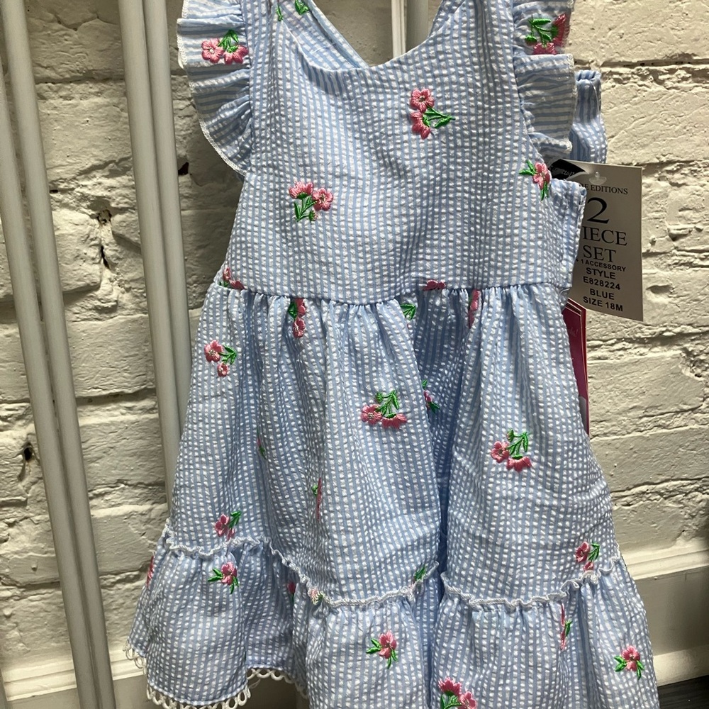 Rare Editions Blue Striped Dress with Pink Floral Accents